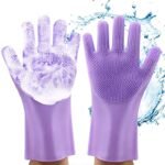 silicone dishwashing gloves with scrubbing bristles washing dishes