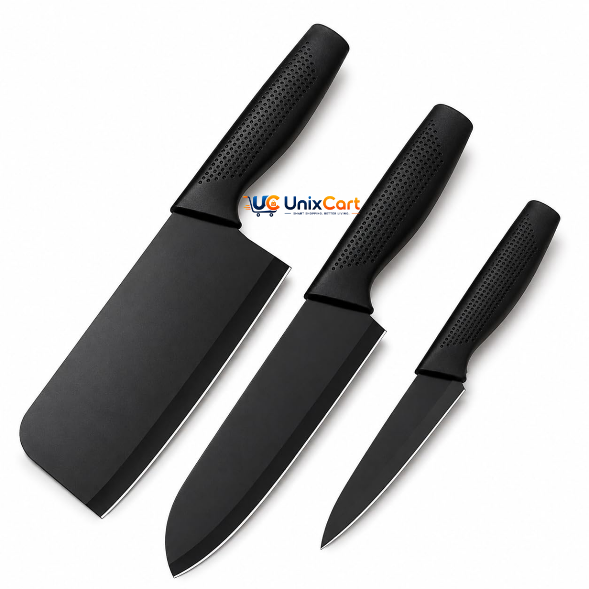 3 piece kitchen knife set black with ergonomic non slip handles on wooden board