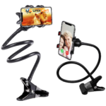 Flexible mobile stand with gooseneck arm clipped to bed frame