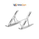 Foldable aluminium laptop stand holding laptop on desk