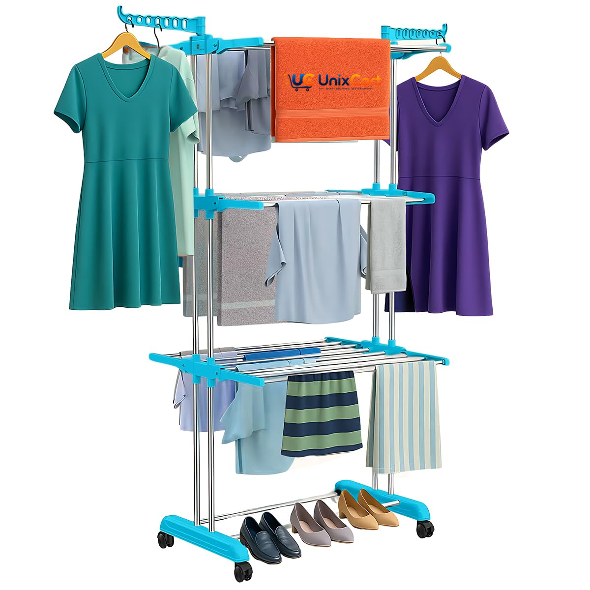 Foldable 3 tier cloth drying stand with clothes