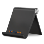 Mobile phone resting in portrait mode on foldable multi angle phone stand on office desk
