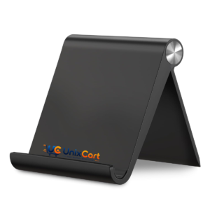 Mobile phone resting in portrait mode on foldable multi angle phone stand on office desk