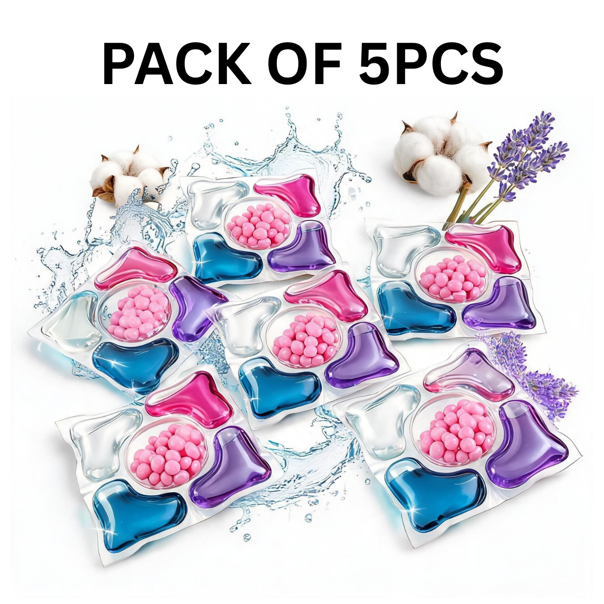 5 in 1 laundry pods showing multi-chamber dissolvable detergent capsules