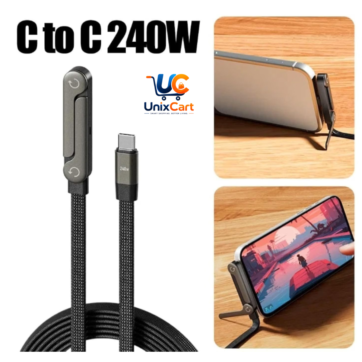 USB-C to USB-C charging cable with phone stand