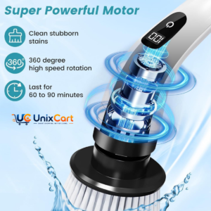 9 in 1 electric spin scrubber with brush heads laid out