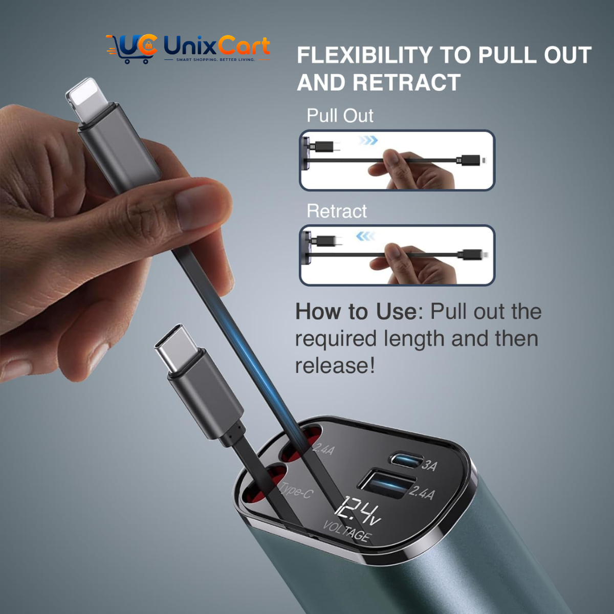 120W 4 in 1 car charger with retractable cable