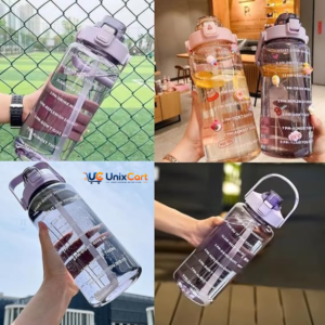 2 litre motivational water bottle with time marker on desk