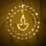 Diya pendant hanging lights strung along a doorway