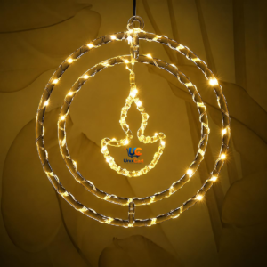 Diya pendant hanging lights strung along a doorway