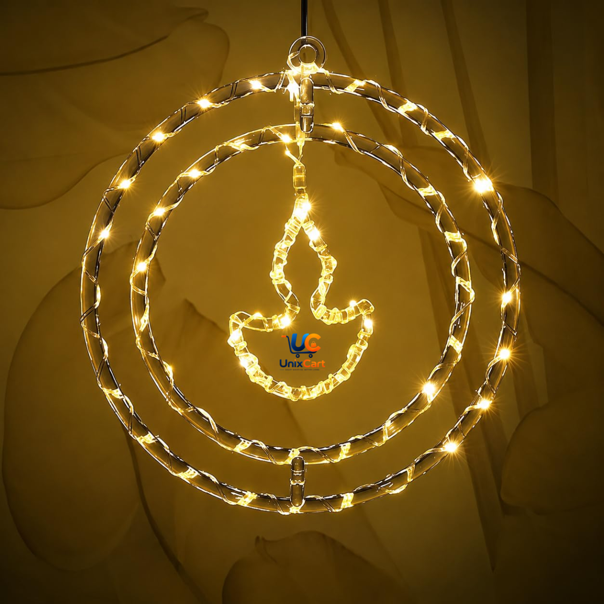 Diya pendant hanging lights strung along a doorway