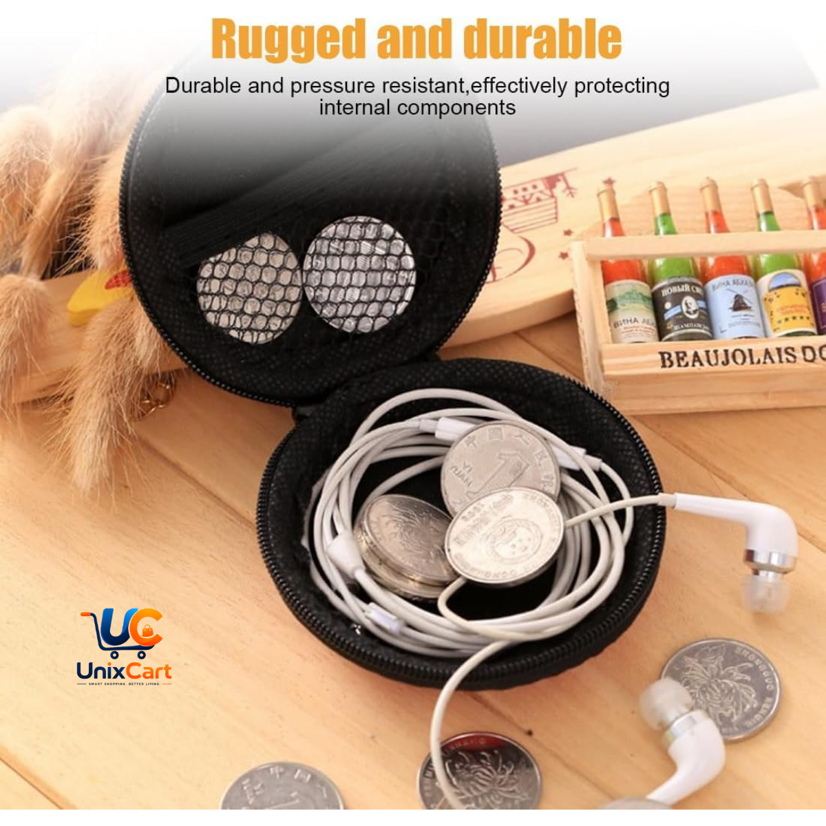 Earphone black case cover round eva hard shell pouch with zipper on white background