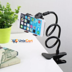 Phone held overhead in bed using flexible stand