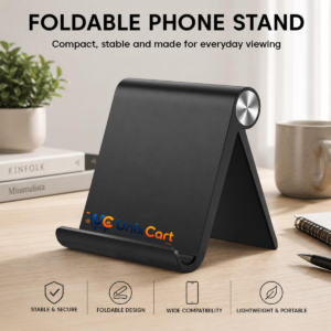 Foldable multi angle phone stand holding a tablet