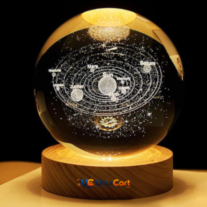 3D crystal ball night lamp glowing on wooden LED base