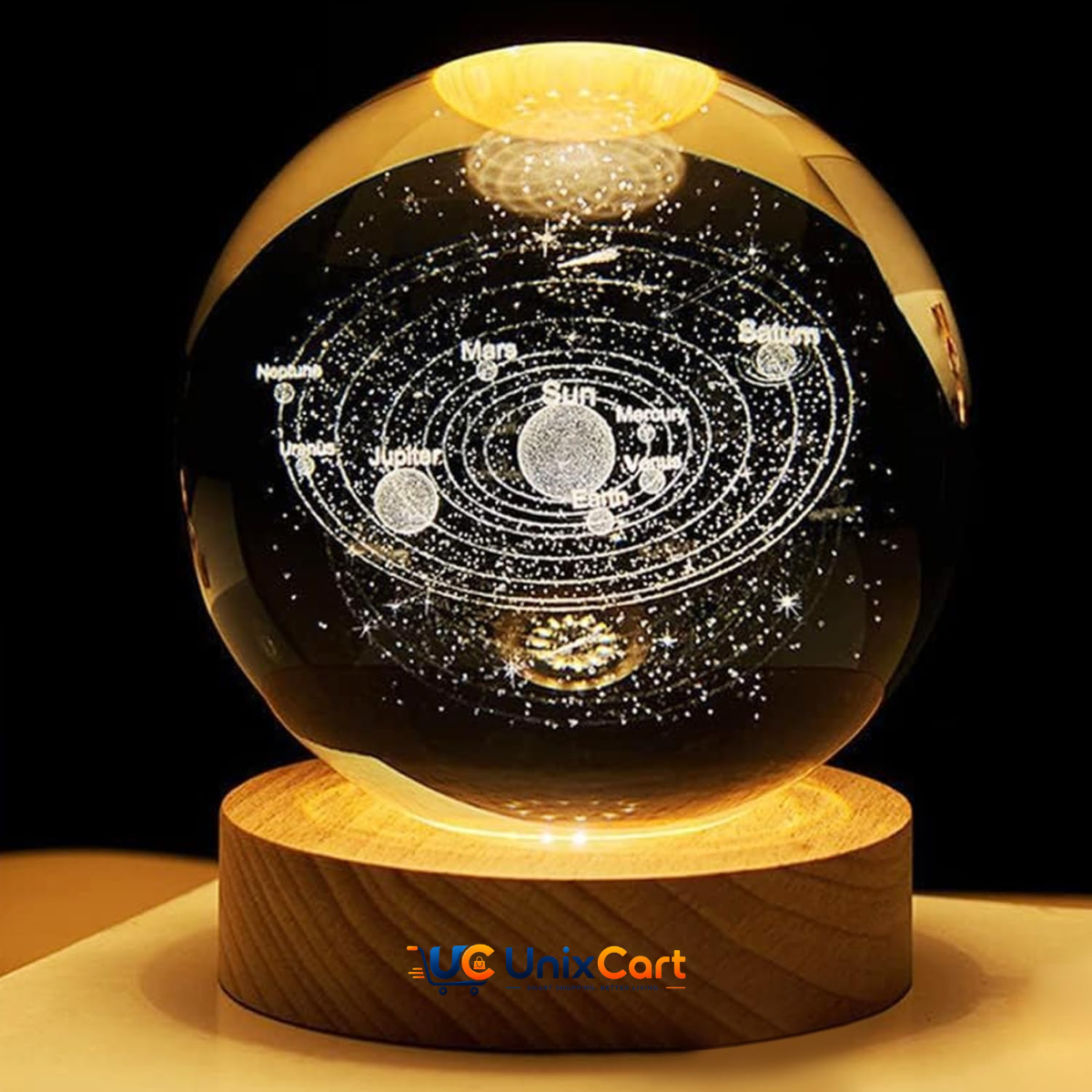 3D crystal ball night lamp glowing on wooden LED base