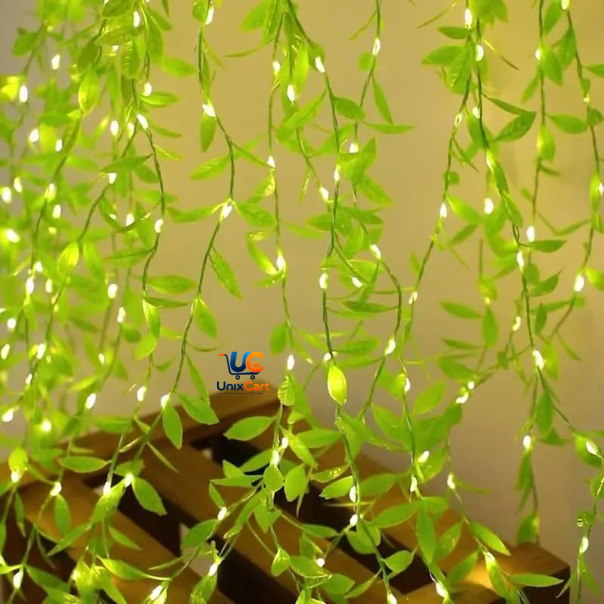 Close-up of leaf design with warm white LEDs