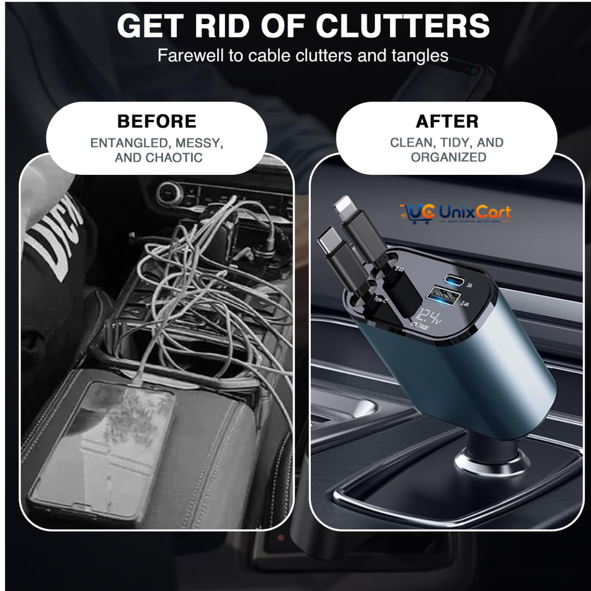 120W 4 in 1 car charger showing dual retractable cables and digital led display
