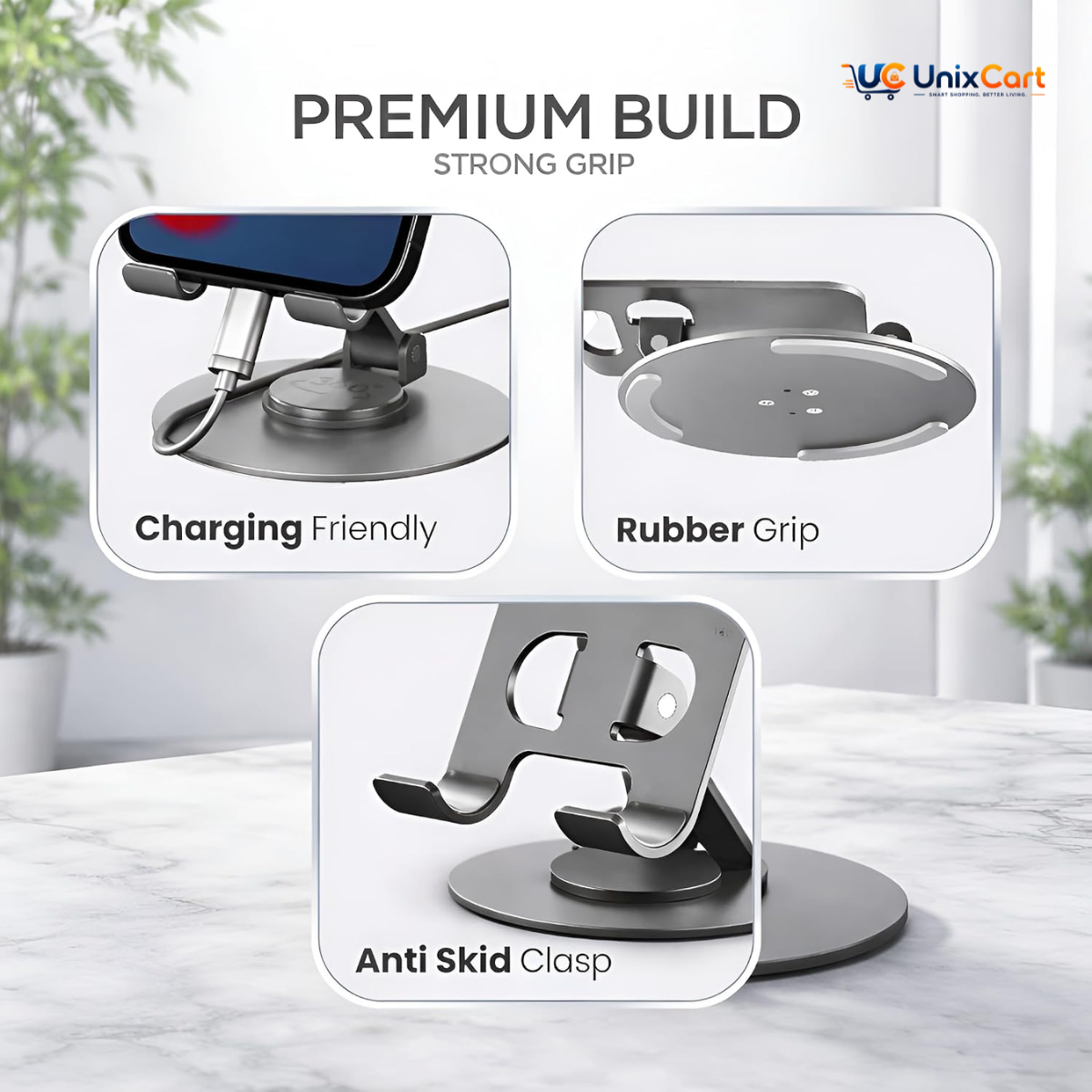 360 rotating metal mobile stand in silver aluminum finish with rotatable base
