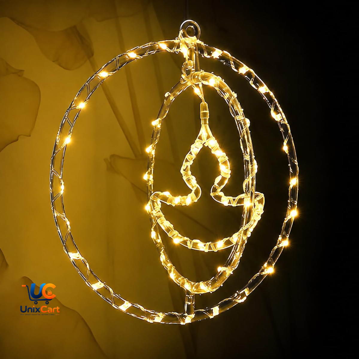 Close-up of warm white LED diya-shaped light