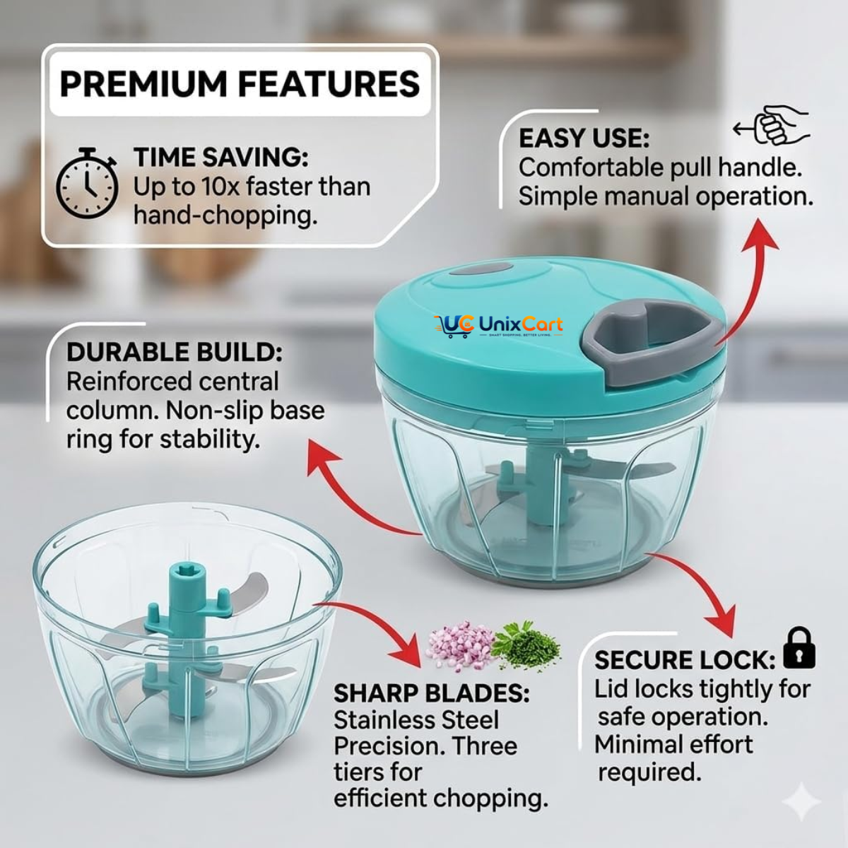 Close-up of the 3 stainless steel blades