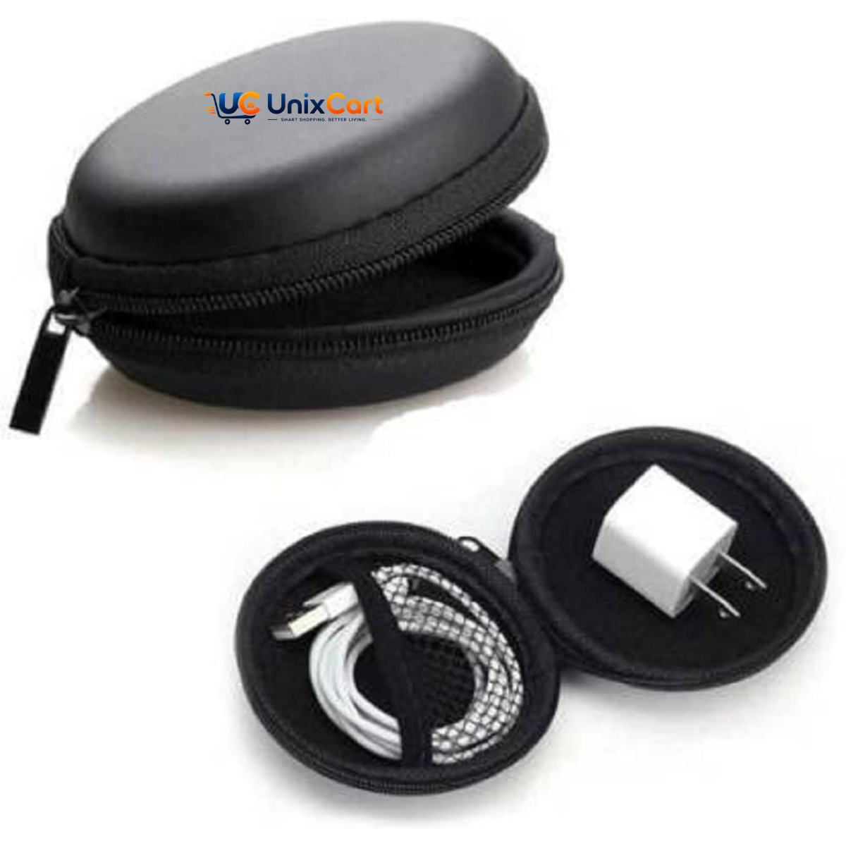 Earbuds and charging case inside the pouch