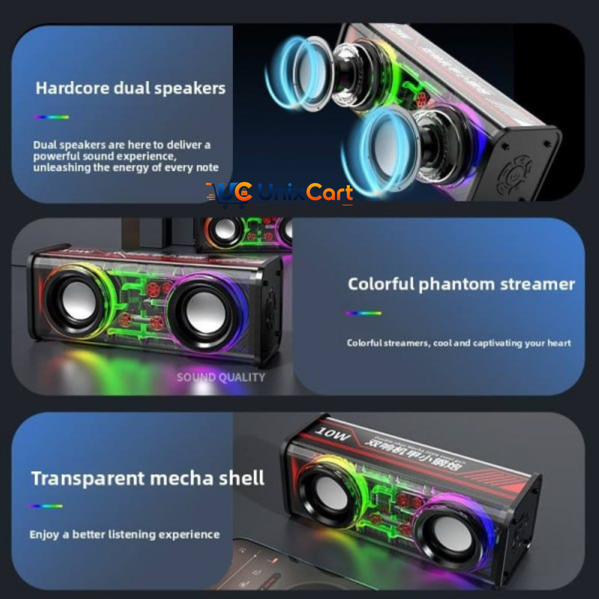 Bluetooth 5.3 speaker with transparent casing and LED lighting