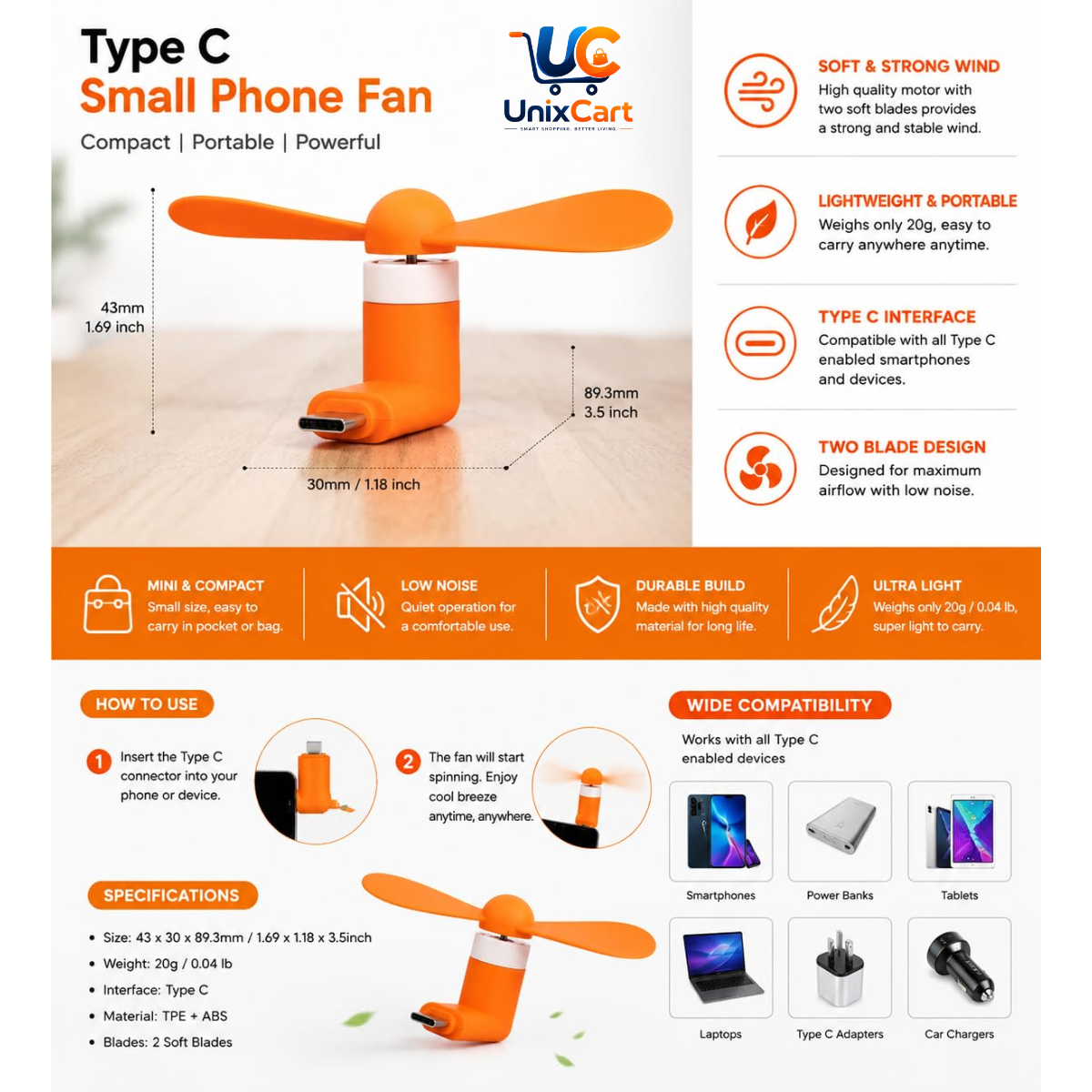 USB Type-C mini mobile cooling fan