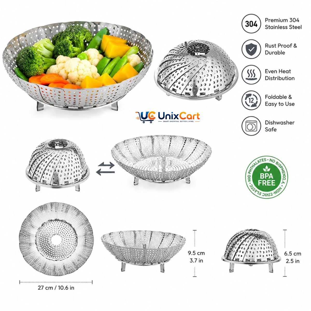 Steel steamer basket for cooking vegetables
