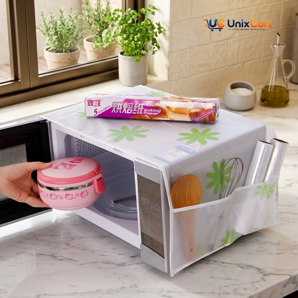 Microwave oven cover with storage pockets