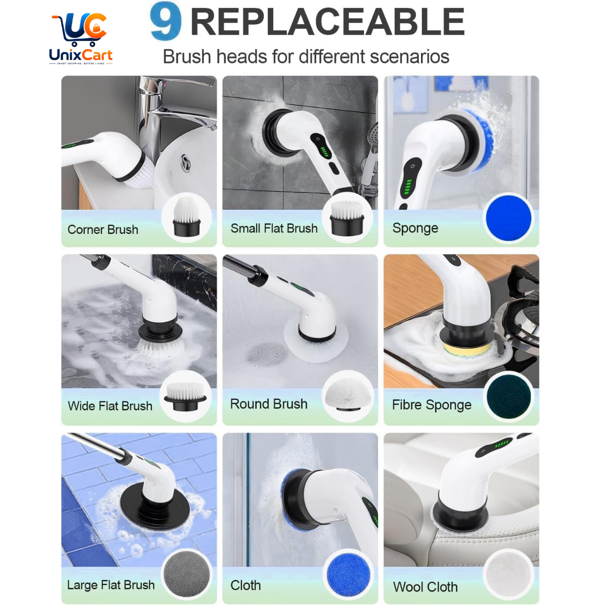 cordless electric spin scrubber with replaceable cleaning heads