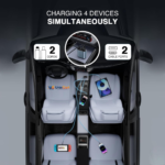 120W 4 in 1 car charger installed in vehicle center console charging two smartphones