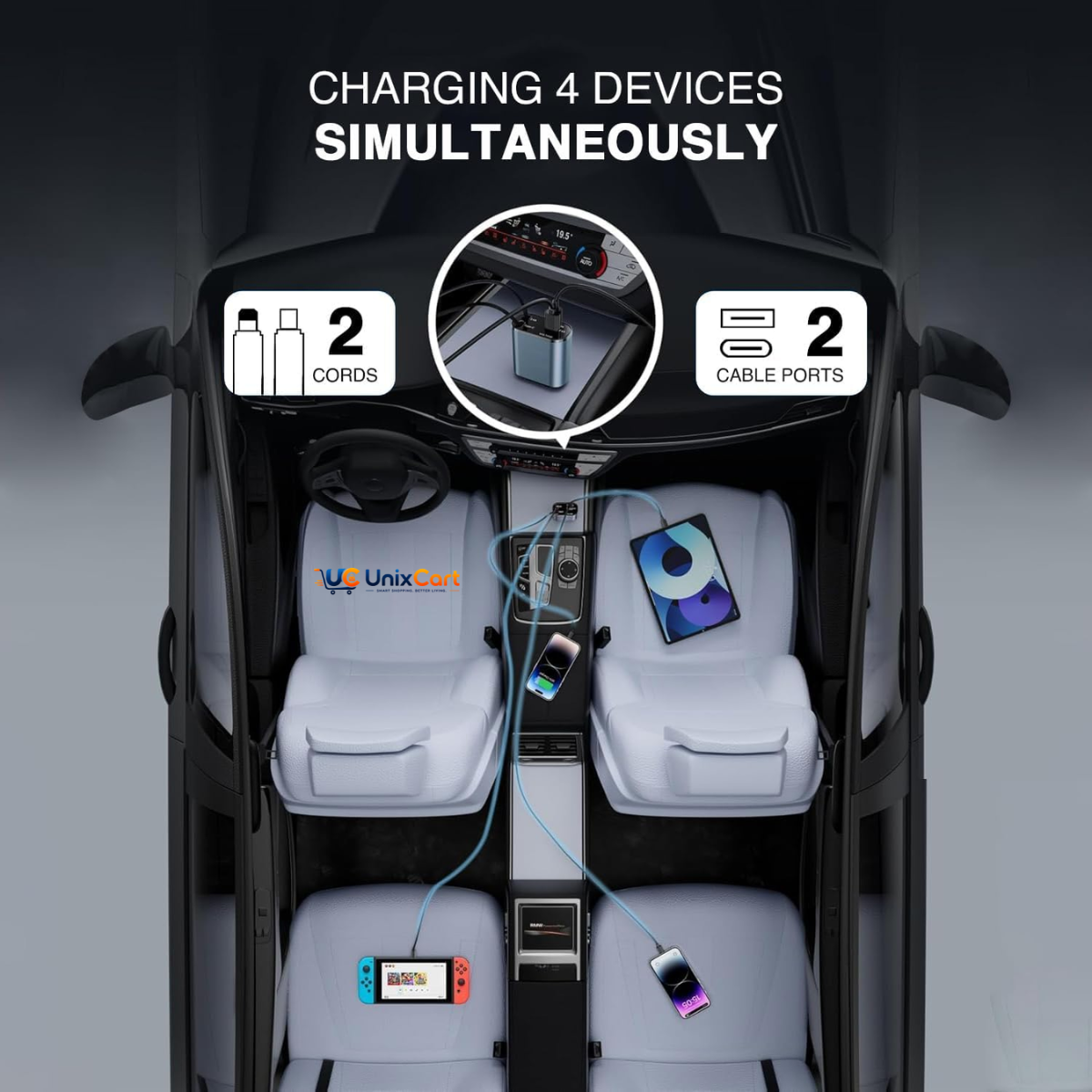 120W 4 in 1 car charger installed in vehicle center console charging two smartphones