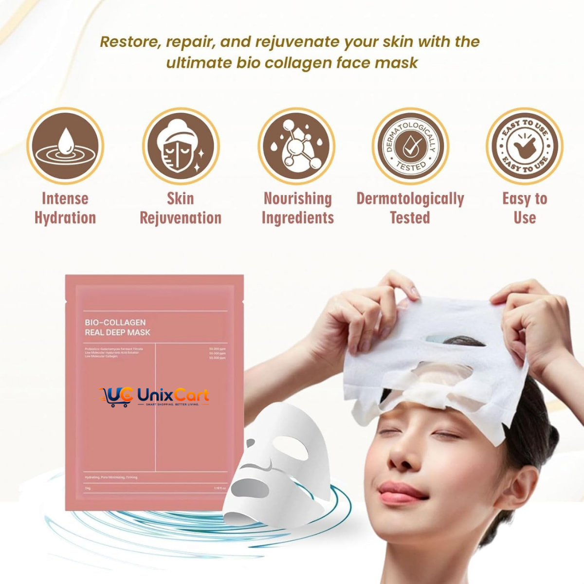 Two piece bio collagen face mask applied seamlessly across facial contours