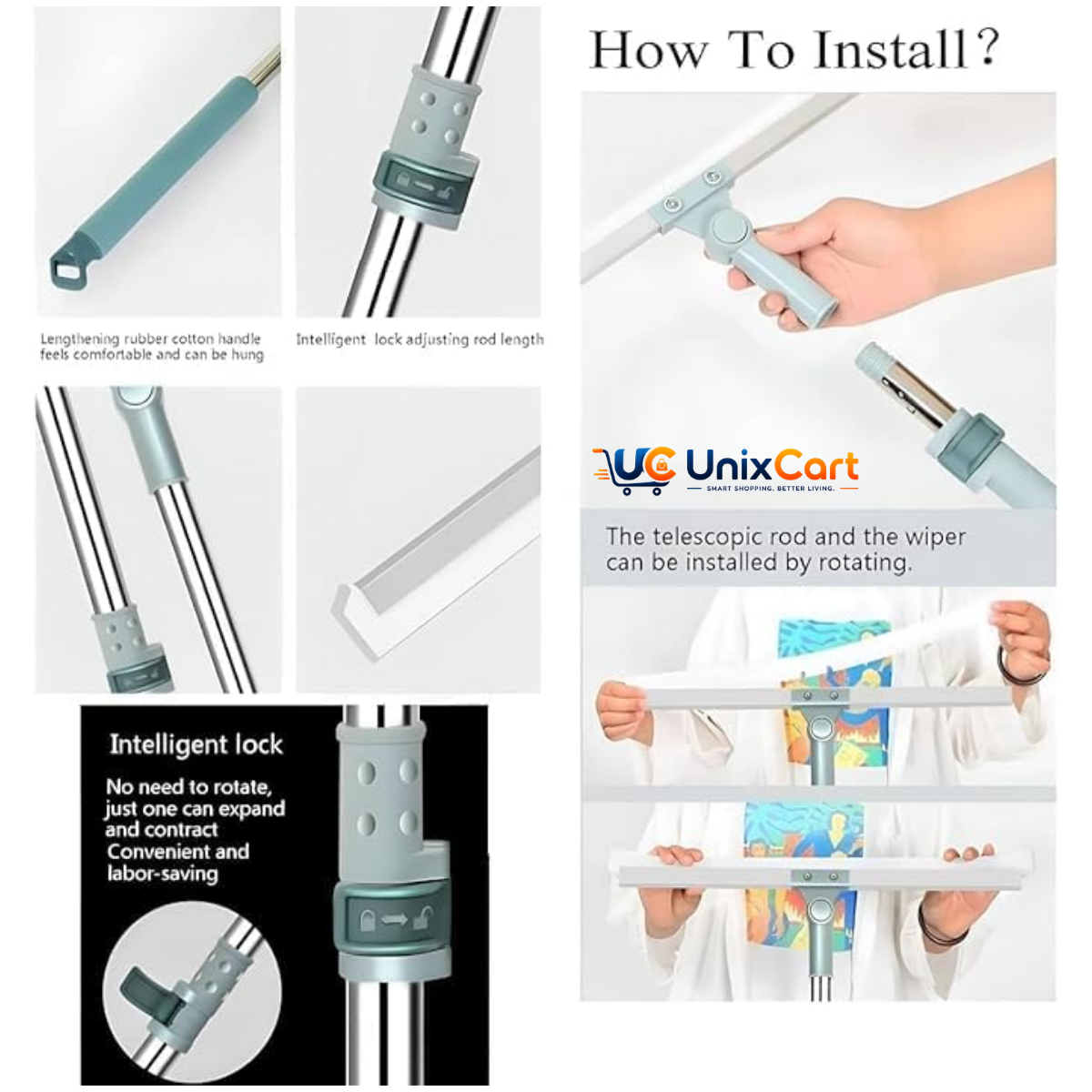 Magic silicone floor wiper with 180 degree rotating head and stainless steel extendable handle