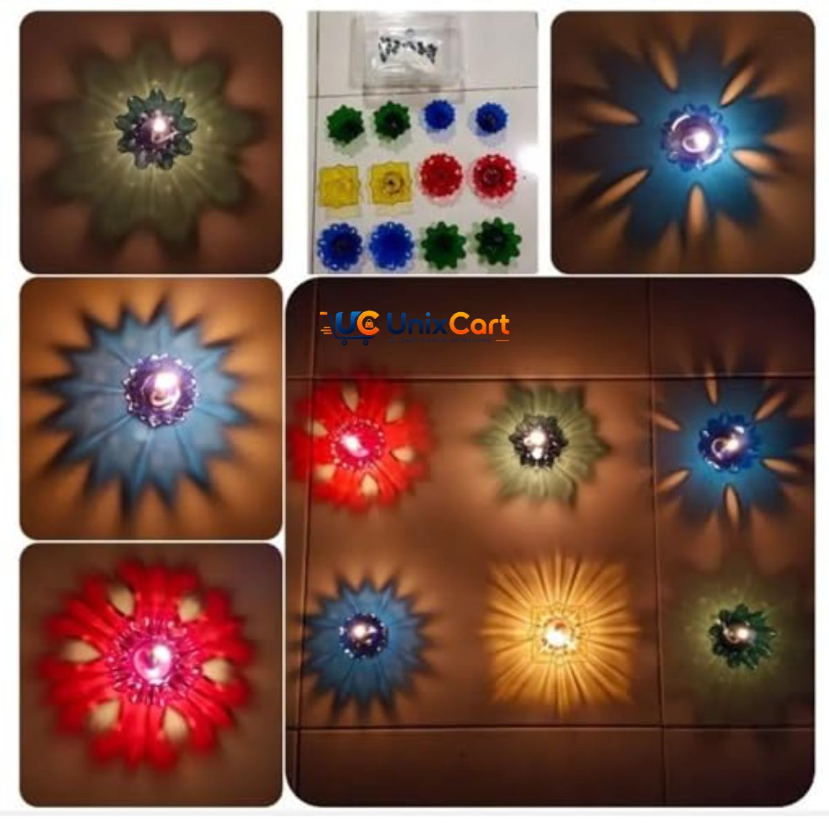 Reflection diyas arranged around a rangoli design