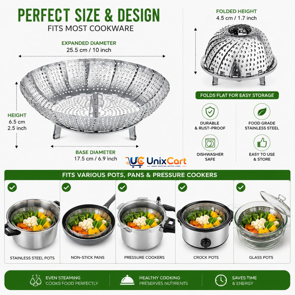 Steel steamer basket for cooking vegetables