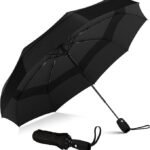 3 fold umbrella with automatic open button and windproof black canopy