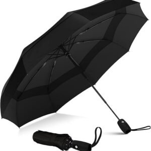 3 fold umbrella with automatic open button and windproof black canopy