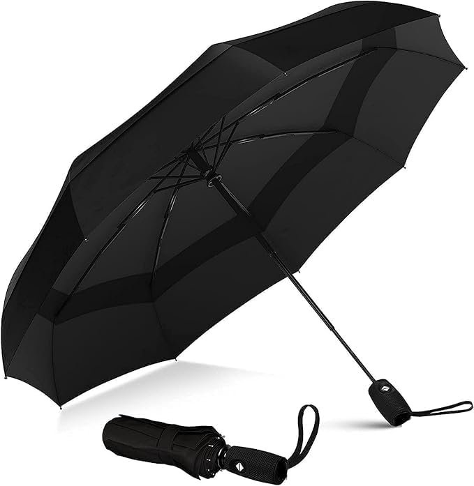 3 fold umbrella with automatic open button and windproof black canopy