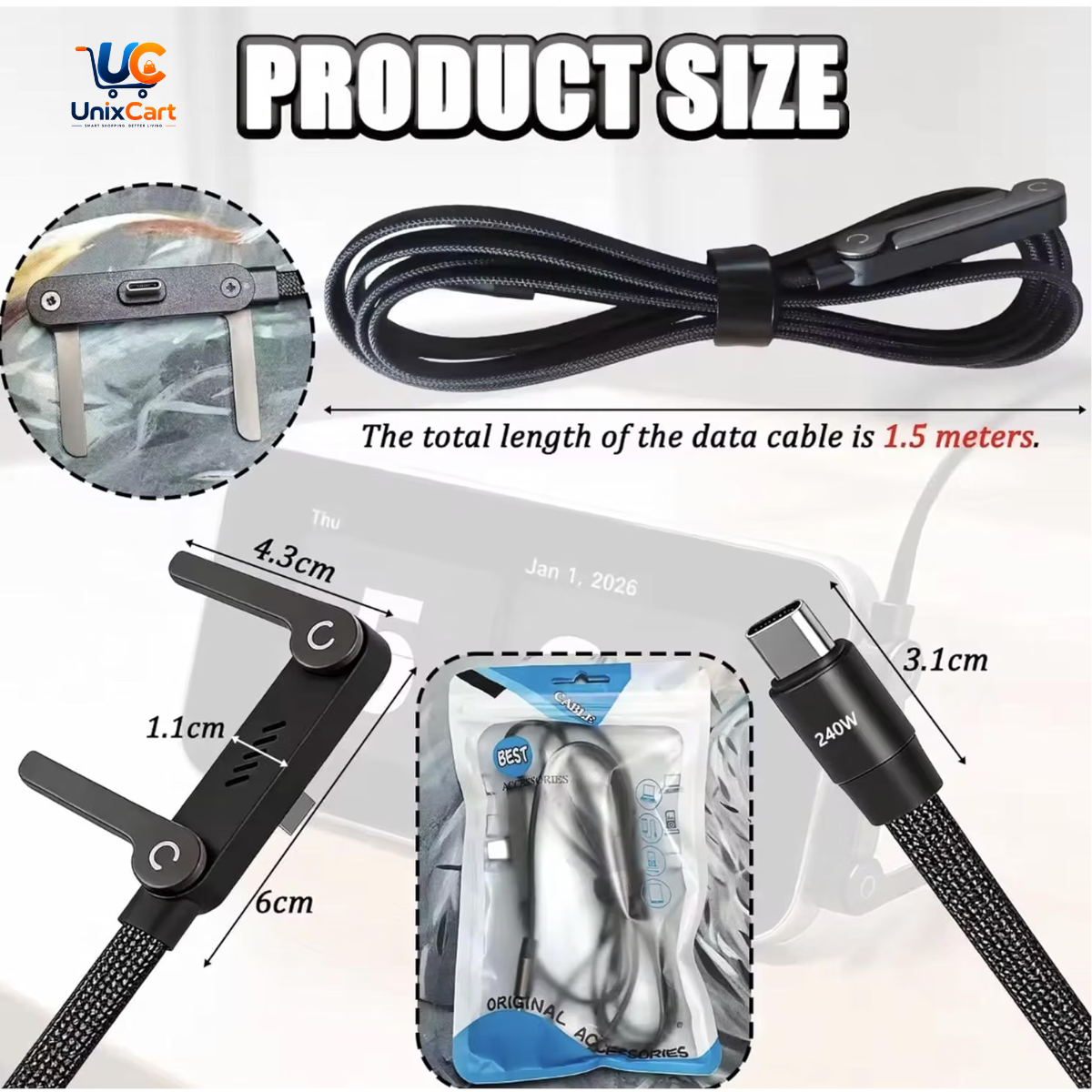 240W USB-C cable with built-in foldable phone holder