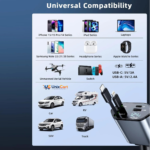 Swiveling 180 degree neck of car charger adjusting angle around vehicle gear shift