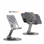 Circular metal base of desktop phone holder rotating 360 degrees with arrow graphics