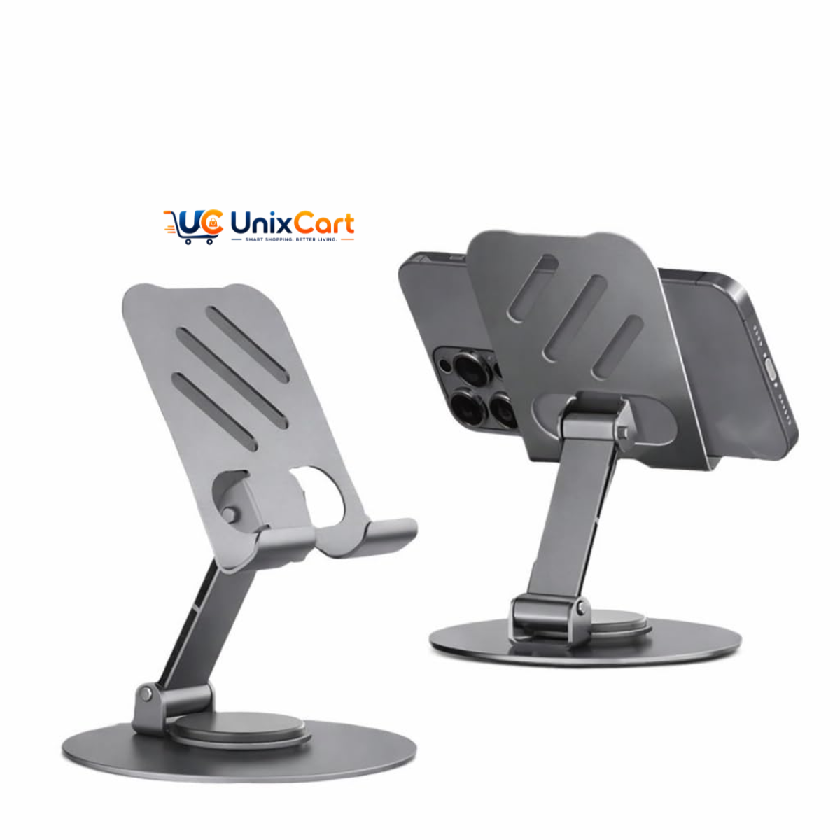 Circular metal base of desktop phone holder rotating 360 degrees with arrow graphics
