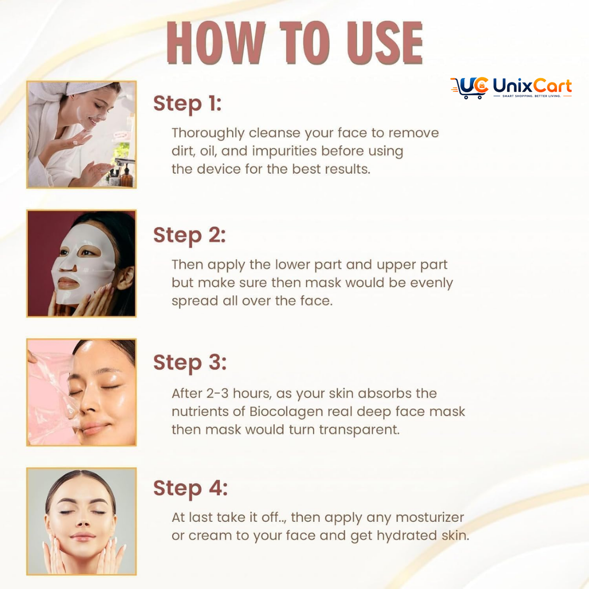 Bio collagen face mask before and after showing shift from milky white to clear transparent