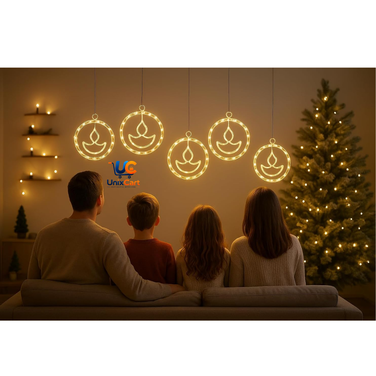 Diya pendant lights around a puja space