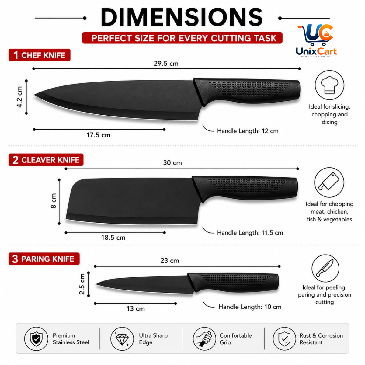 All three knives laid out showing size difference