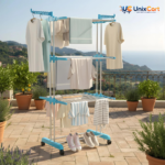 Foldable cloth drying stand 3 tier with stainless steel rods wheels and side wings