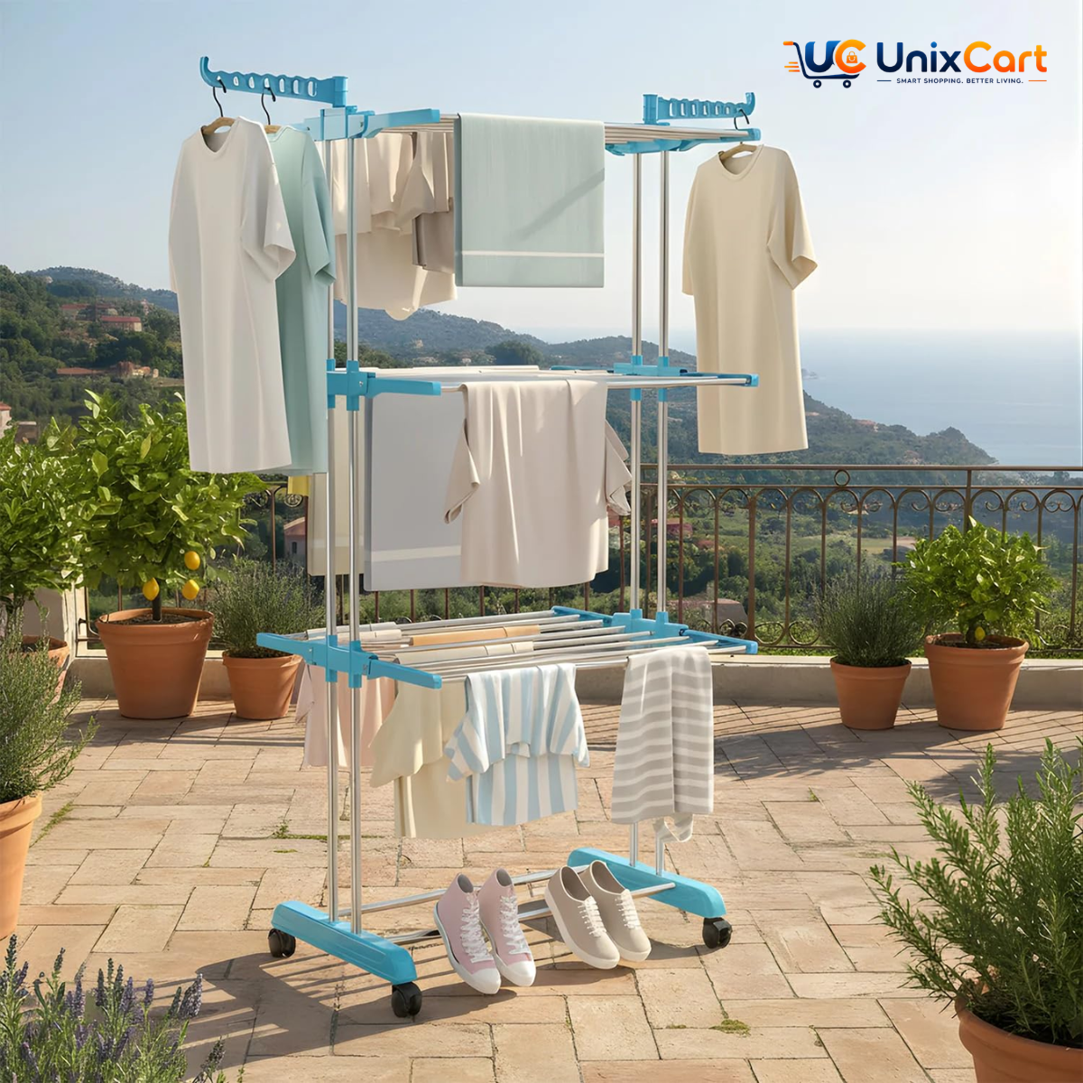 Foldable cloth drying stand 3 tier with stainless steel rods wheels and side wings