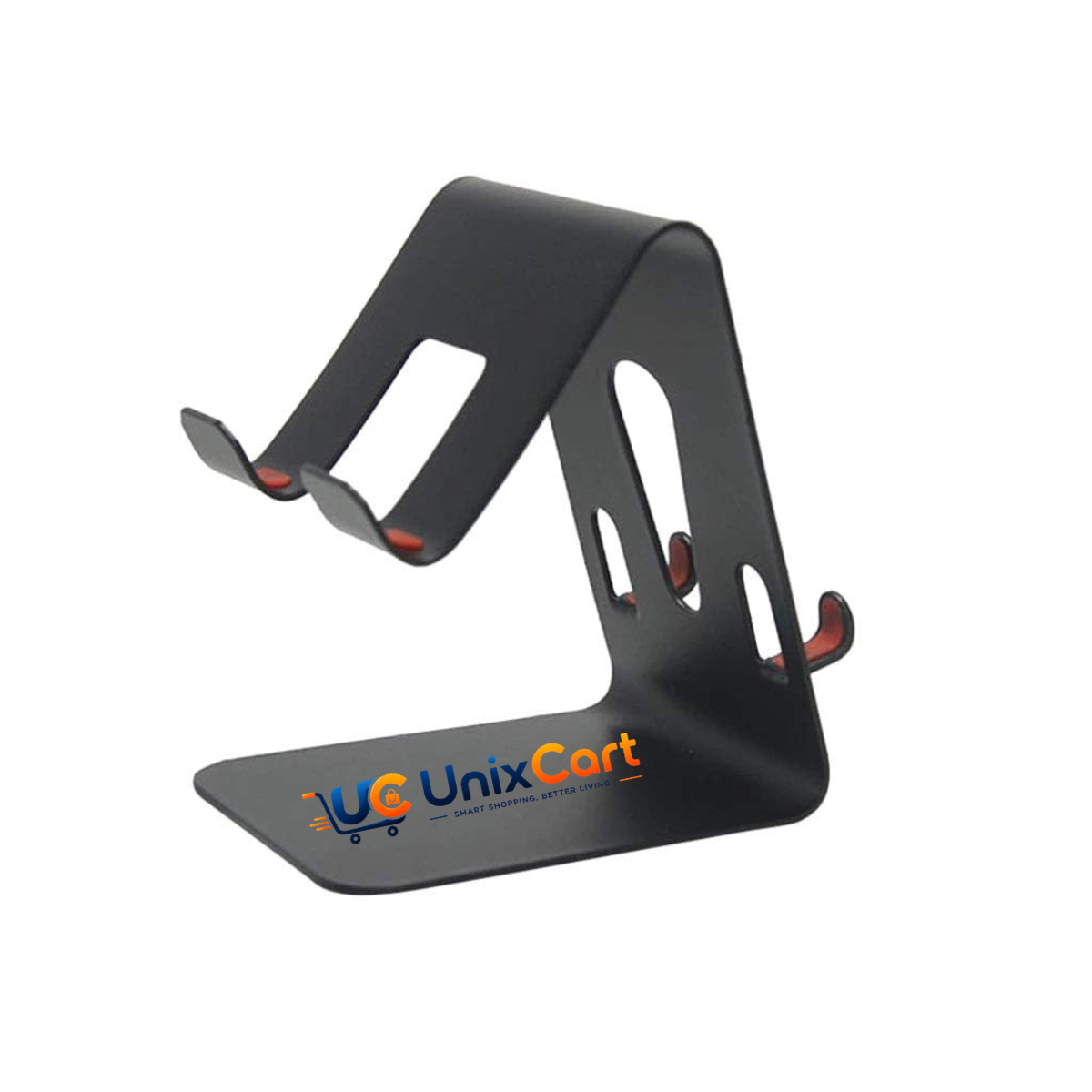 Foldable multi angle phone stand in black showing silicone pads and angle hinge